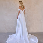 Full back image of the Jax mini satin wedding dress with detachable satin overskirt skirt. V back design detail and invisible zipper opening
