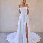 designed in australia available to buy online worldwide - jessi is an off shoulder chiffon a-line wedding dress with thigh high split. ruched chiffon bodice with v waist design to enhance silhouette